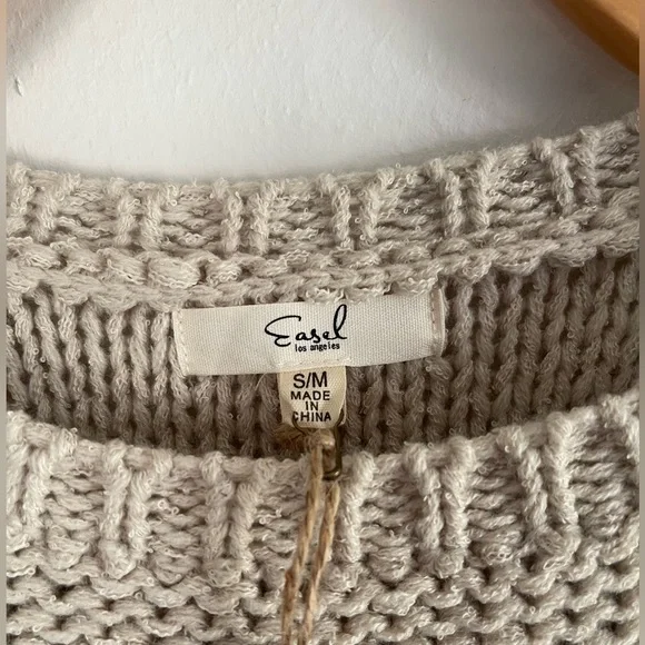 NWT Easel Los Angeles Chunky Knit Sweater S/M Relaxed Fit Beige Top Crew neck - Picture 3 of 12
